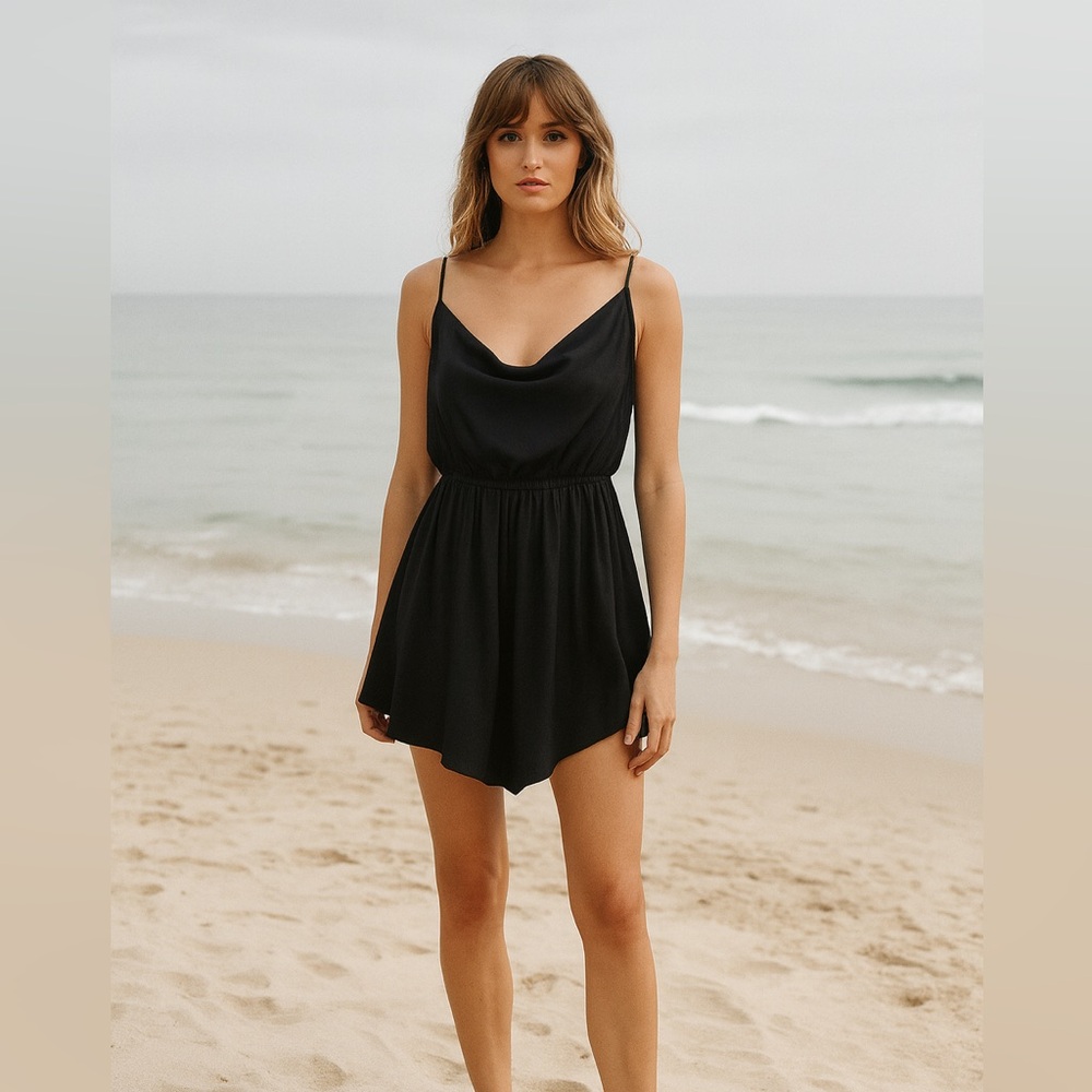 Indah Tahani Black Silk Cowl Neck Mini Dress